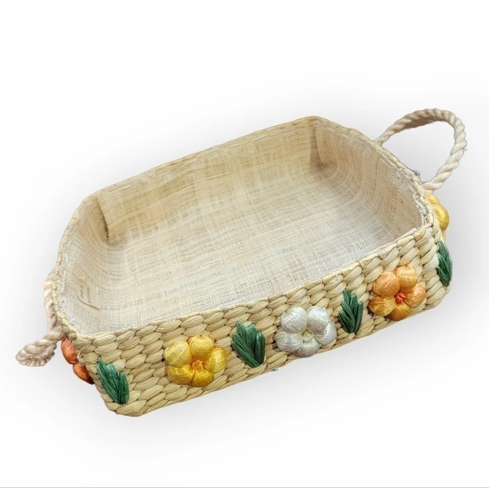 Vintage Basket with flowers and Jute Handles for serving Spring Easter Brunch